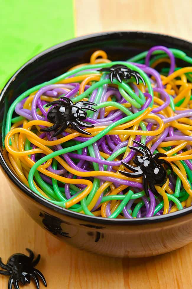 Green, orange, and purple Halloween Pasta