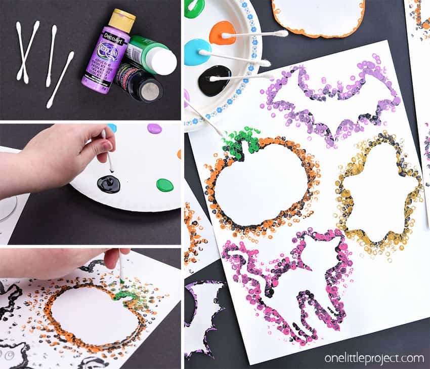 Collage of images showing how to make a Halloween q-tip painting
