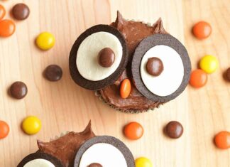 How to Make Easy Owl Cupcakes for Halloween Owl cupcakes on a wooden background surrounded by reese's pieces