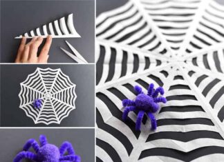 How to Make Paper Spiderwebs Collage of images showing how to make paper spiderwebs