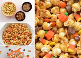 Halloween Caramel Corn This scarecrow crunch snack mix is SO EASY to make and tastes so good! This is such an awesome kid friendly Halloween snack recipe. It would also make an awesome Thanksgiving treat! Loaded with the perfect mix of salty and sweet treats, this "boo-tiful" blend is exactly what you need to celebrate the spookiest night of the year! Or just fall and autumn in general!