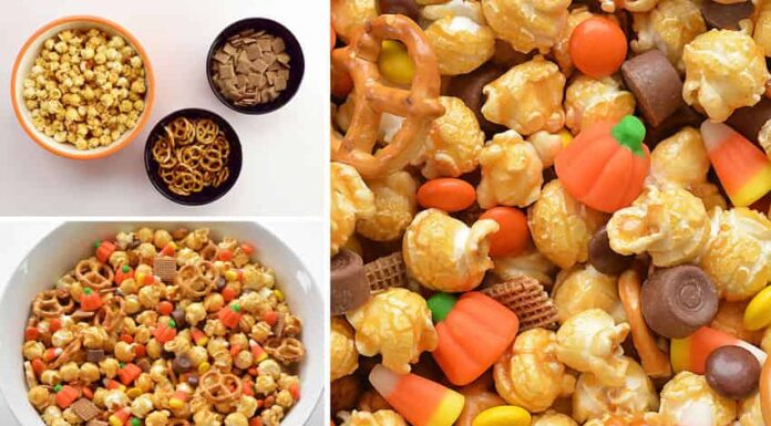 Halloween Caramel Corn This scarecrow crunch snack mix is SO EASY to make and tastes so good! This is such an awesome kid friendly Halloween snack recipe. It would also make an awesome Thanksgiving treat! Loaded with the perfect mix of salty and sweet treats, this "boo-tiful" blend is exactly what you need to celebrate the spookiest night of the year! Or just fall and autumn in general!