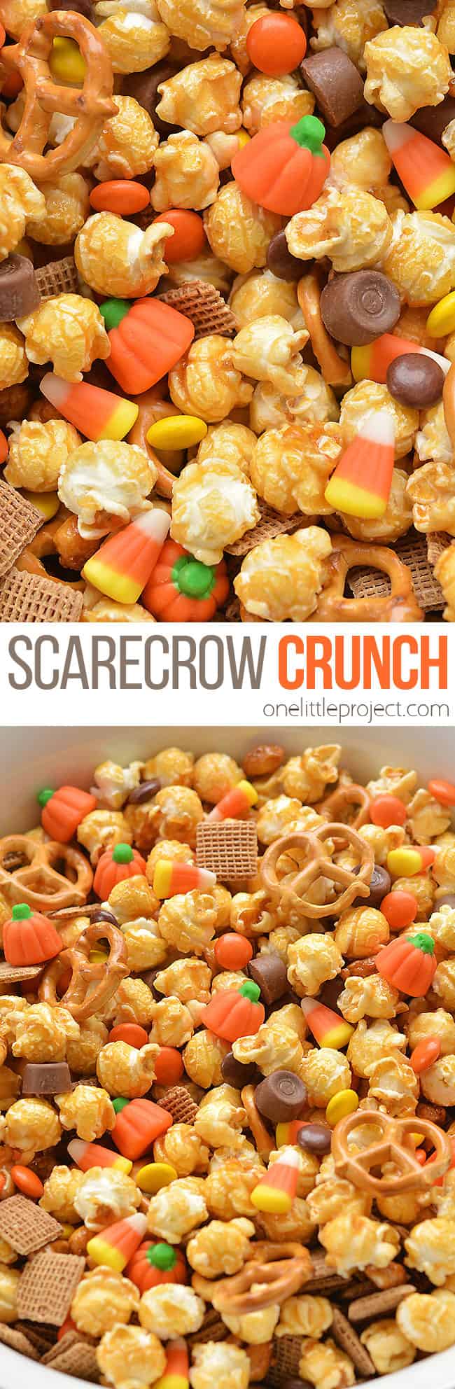 This scarecrow crunch snack mix is SO EASY to make and tastes so good! This is such an awesome kid friendly Halloween snack recipe. It would also make an awesome Thanksgiving treat! Loaded with the perfect mix of salty and sweet treats, this "boo-tiful" blend is exactly what you need to celebrate the spookiest night of the year! Or just fall and autumn in general!