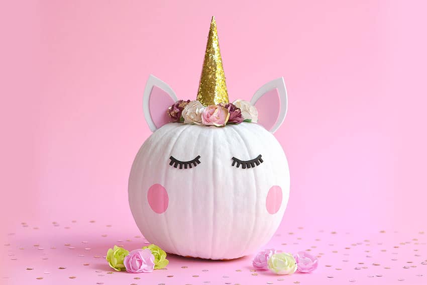 Unicorn pumpkin surrounded by glitter and flowers