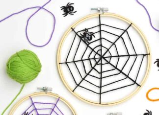 Yarn Spider Web Craft Yarn spider web made on embroidery hoops in bright Halloween colours