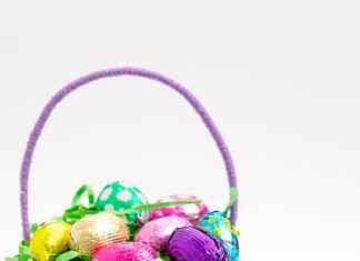 DIY Mini Easter Basket Craft: Simple Tutorial Small purple Easter basket filled with chocolate eggs