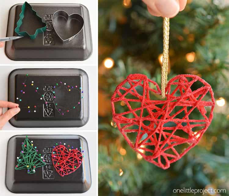 These wrapped yarn ornaments are SO PRETTY and they're so fun to make! Using yarn, glue, sewing pins and styrofoam trays you can make unique and beautiful homemade Christmas ornaments! They look beautiful on the Christmas tree and they make awesome gifts.