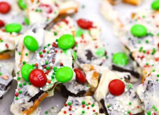 Christmas Bark Recipe Christmas bark broken up on a tray