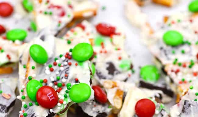 Christmas Bark Recipe Christmas bark broken up on a tray