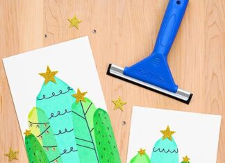 DIY Christmas Squeegee Painting: Unique Holiday Craft Idea Christmas trees on DIY cards painted with a squeegee