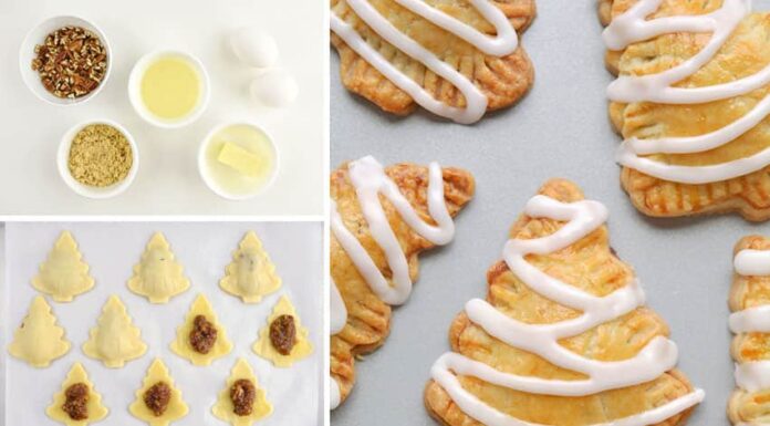 How to make Christmas Tree Mini Pecan Pies | Holiday Pecan Hand Pies These holiday pecan hand pies shaped like little Christmas trees are SO DELICIOUS and are the perfect bite-sized dessert! Gooey pecan pie filling, warm pie crust and that amazing glaze makes the perfect Christmas treat! Using frozen pie crusts makes this Christmas dessert really simple to make! Such a fun treat to add to your list of Christmas baking ideas!