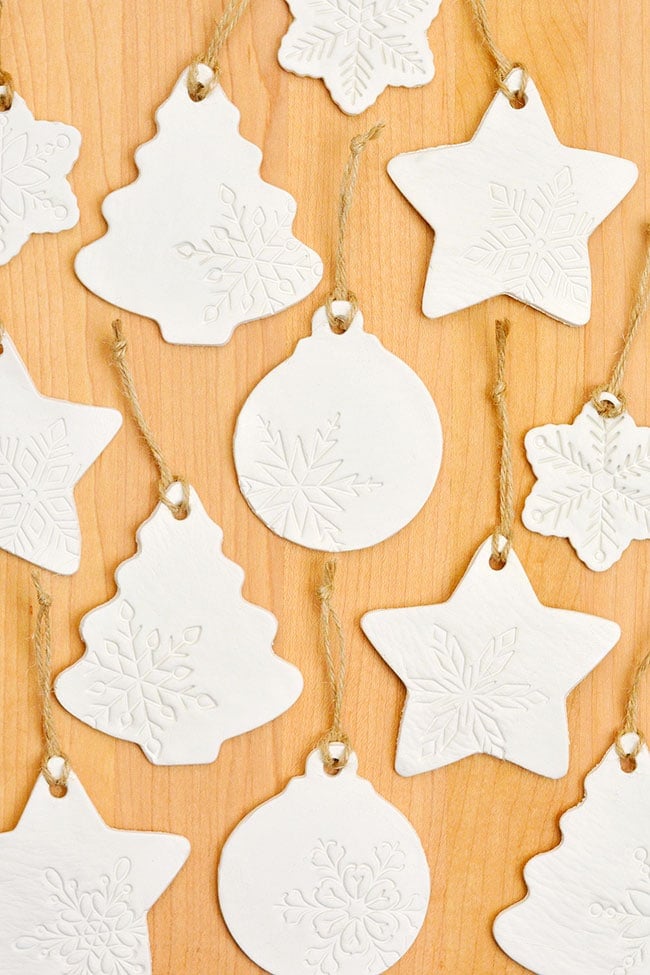 Clay Christmas ornaments made with cookie cutters and stamps
