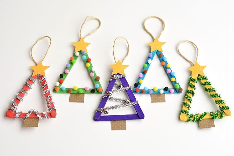 Christmas tree ornaments made with popsicle sticks