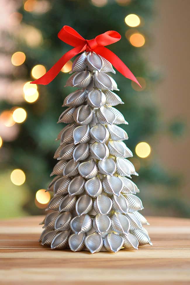 Pasta Christmas tree with Christmas tree lights in the background