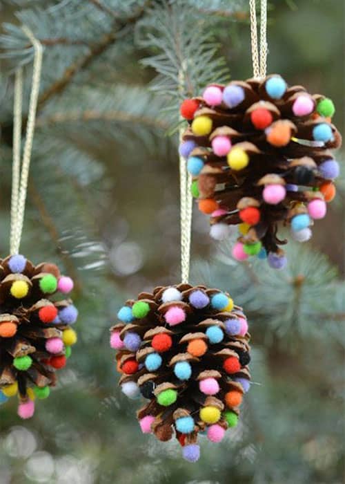 Christmas DIY Ornament Ideas - Pom Poms and Pinecones Christmas Ornaments