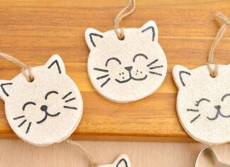 Salt Dough Cat Ornaments Painted salt dough cat ornaments on a wooden surface