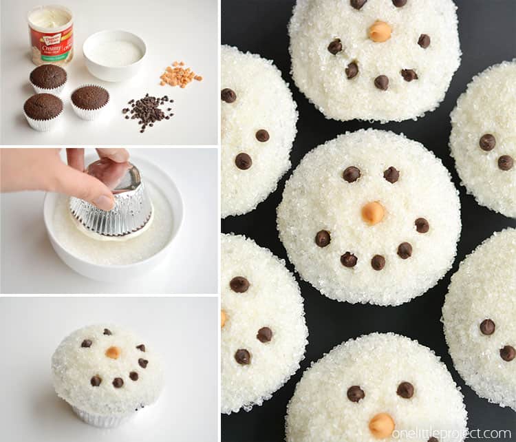 These easy snowman cupcakes would be PERFECT for a winter birthday party, a Christmas party, or just a fun baking activity with the kids! So cute and easy!