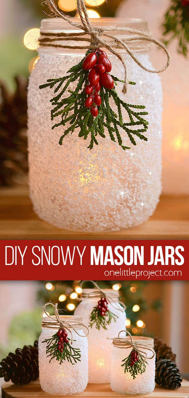 DIY Snowy Mason Jar Pictures of snowy mason jars decorated for Christmas