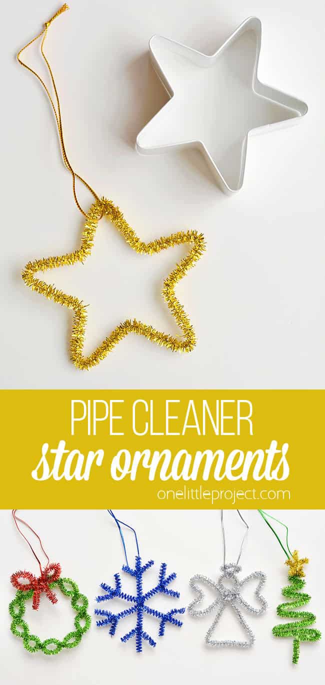 These easy star pipe cleaner ornaments are SO SIMPLE and they're so pretty! Using cookie cutters is such a brilliant way to make easy pipe cleaner shapes! This is such an easy Christmas craft and a super simple way for kids to make homemade Christmas ornaments. Such a great kids craft! Be sure to grab the instructions for how to make the rest of the fun pipe cleaner ornaments that go along with this twinkly star!