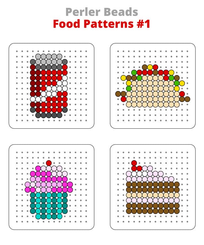 Printable Perler bead food patterns - pop, taco, cupcake, cake slice