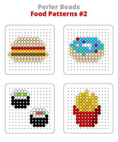 Printable Perler bead food patterns for a hamburger, donut, sushi, and French fries