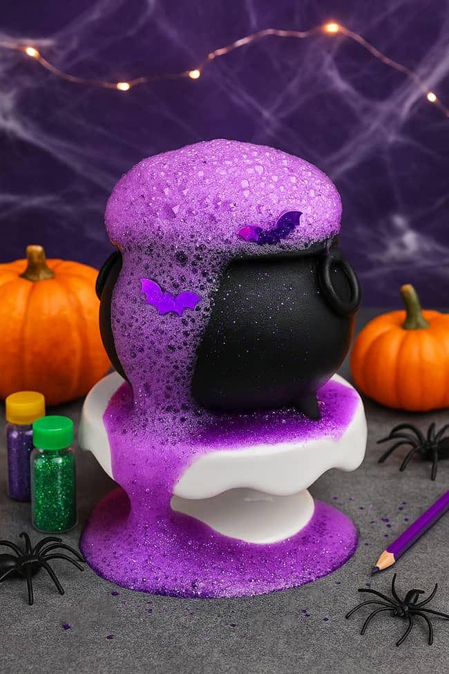 Purple witch potion with bat confetti coming out of a cauldron