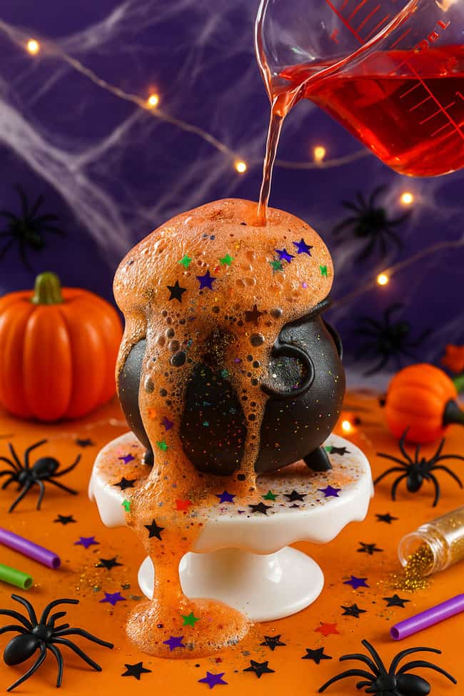Doing the fizzy cauldron experiment in front of Halloween decorations