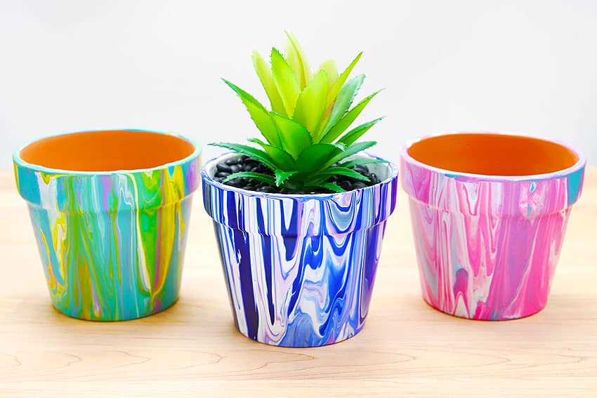 Pour Paint Pots Terracotta flower pots decorated using paint pouring