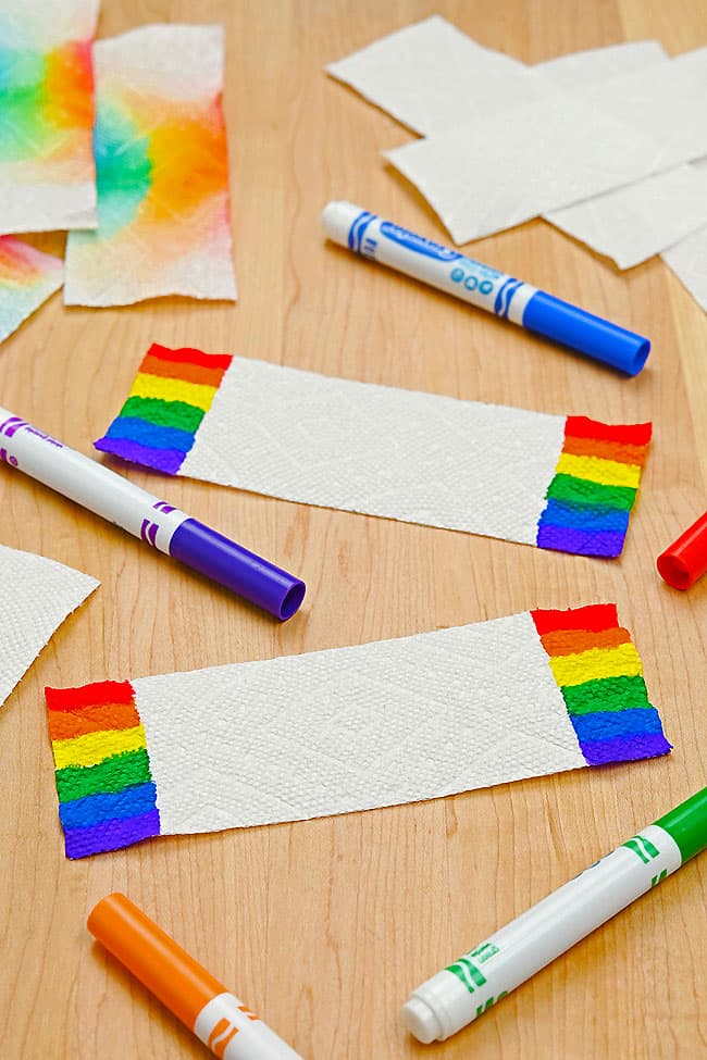 Rainbow Paper Towel Experiment Paper towels coloured in rainbow colours ready for the experiment