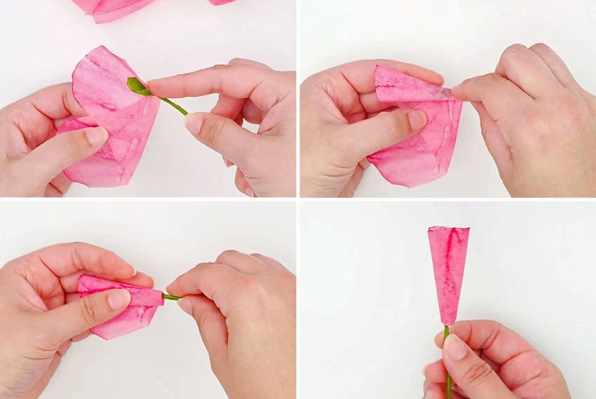 coffee filter roses ( flower ) paper craft instruction image 19